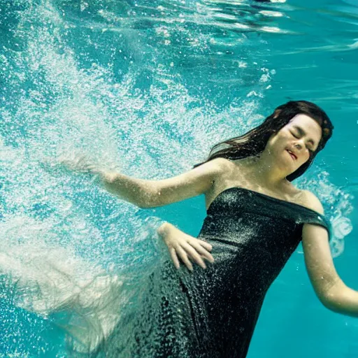 Prompt: woman with a long flowing dress swimming underwater