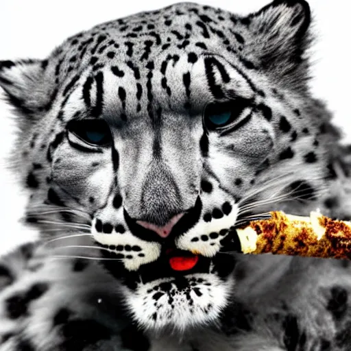 Image similar to A snow leopard with a spliff in his mouth smoking, award winning photo