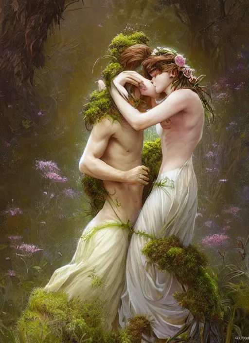 Prompt: a couple made of moss and flowers in a romantic embrace. they are emerging from the undergrowth and clothed only in flowers and moss. beautiful high quality realistic fantasy art, trending on artstation by artgerm and greg rutkowski and alphonse mucha
