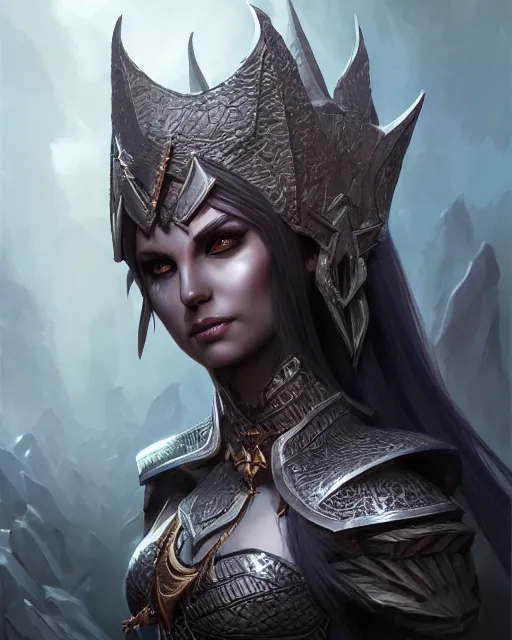 Image similar to dark elf queen, highly detailed, d & d, fantasy, highly detailed, digital painting, trending on artstation, concept art, sharp focus, illustration, global illumination, shaded, art by artgerm and greg rutkowski and fuji choko and viktoria gavrilenko and hoang lap