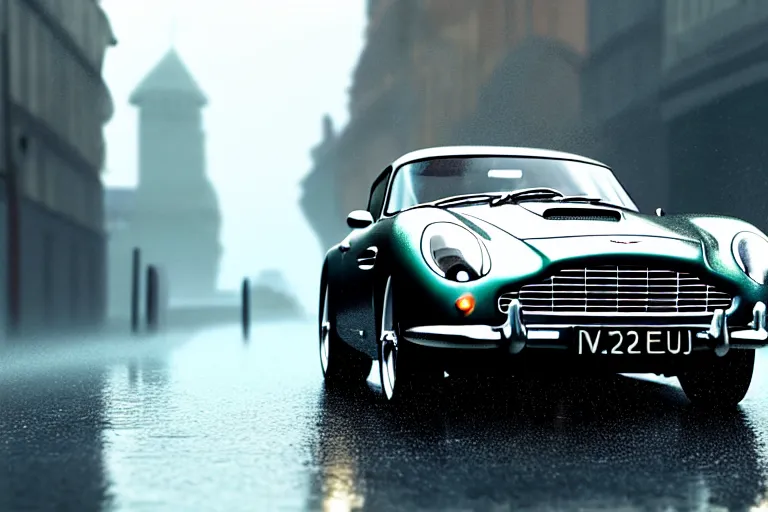 Image similar to a wholesome animation key shot of!! one!! focused!! aston martin db 5!!, front wheels turned, on a wet london street, raining, wide shot, studio ghibli, pixar and disney animation, sharp, very detailed, high resolution, rendered in unreal engine 5, anime key art by greg rutkowski, bloom, dull atmospheric lighting