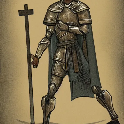 Image similar to A pale young man stands inside a prison cell. Clad in shining armor he kneels and prays to a God others would have long abandoned. Sunshine lightly grazes his cheeks as he prays, his broken spear used as a cross to focus on. The knight's expression is sad, pensive, but resolute, decisive and stubborn. Portrait.