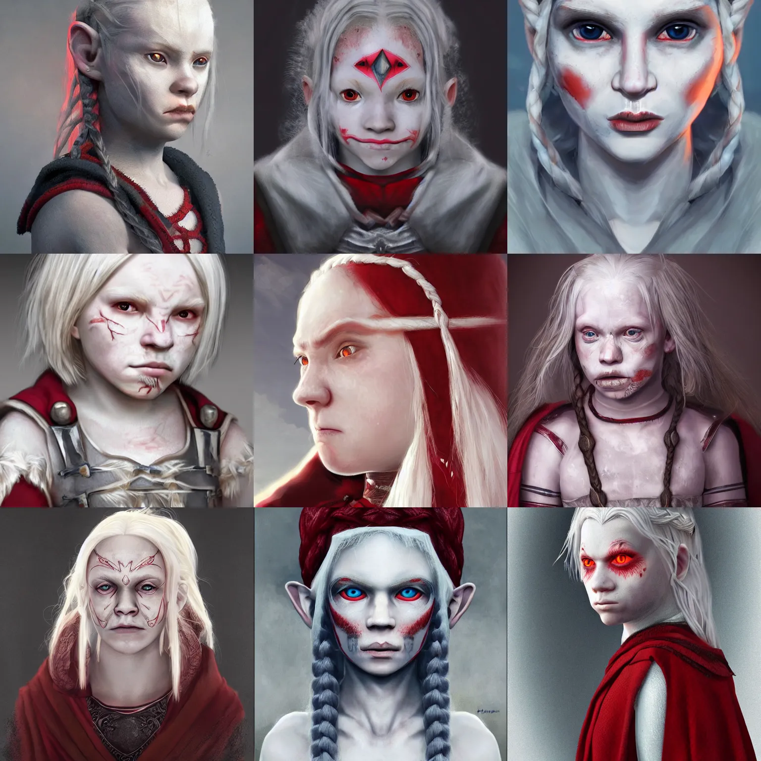 Prompt: realistic portrait of a young albino female halfling with red! eyes and a grey!! cloak and geometric facial tattoos!!!!!! and white!!!! braided hair, haunted and sad expression, artstation, cinematic lighting, 8 k, digital art