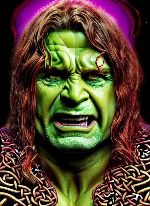 Prompt: portrait of ozzy osbourne as the hulk, hyperdetailed illustration by irakli nadar and alexandre ferra, volumetric lighting, celtic fantasy art, psychedelic, intricate, hyper detailed, smooth, vibrant aura, intricate linework, white porcelain skin, faberge, coral