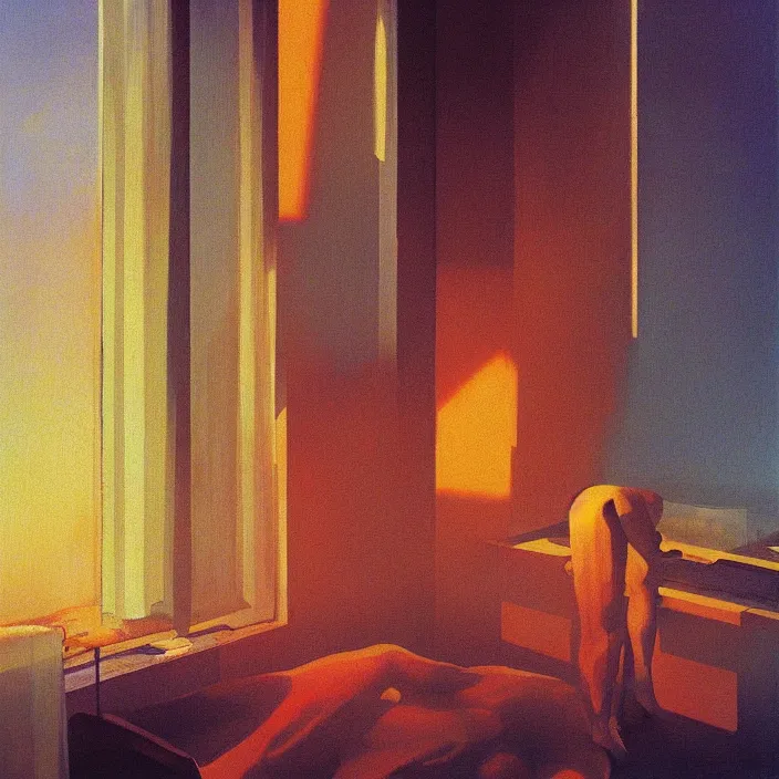 Prompt: waking up in the morning and the sun is shining through the window, science fiction, Edward Hopper and James Gilleard, Zdzislaw Beksinski, highly detailed