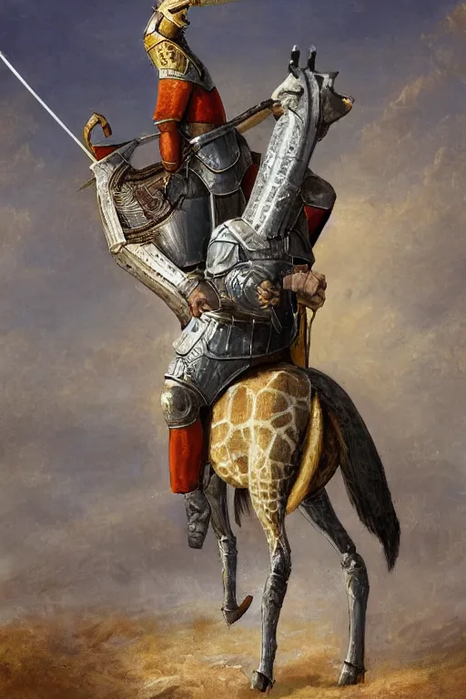 Image similar to a photo of a medieval knight in armor riding a giraffe