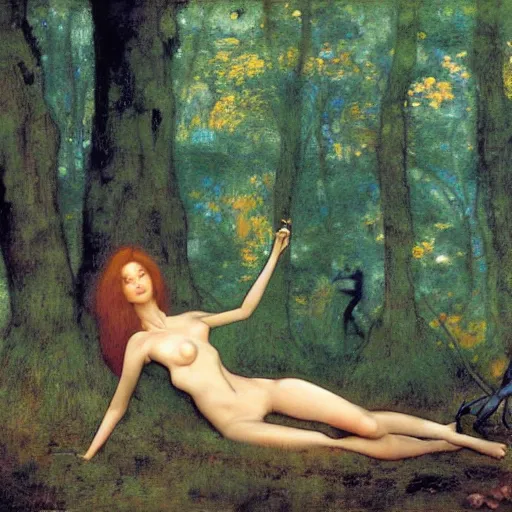 Prompt: beautiful female ant/woman hybrid with a perfect body, lounging in the Marian forest at dusk, by Edgar Maxence and Ross Tran and Michael Whelan and Gustav Klimpt