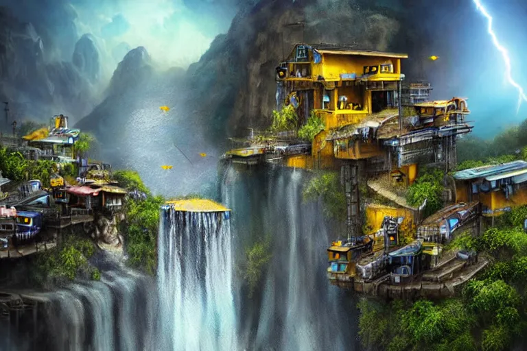 Prompt: mission waterfall favela honeybee hive, sci - fi environment, lightning, industrial factory, award winning art, epic dreamlike fantasy landscape, ultra realistic,