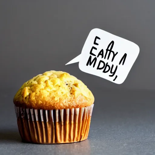 Prompt: photo of a muffin with a speech bubble over its head saying 'eat me, daddy'.