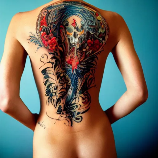 Image similar to a back tattoo, good morning, by annie leibovitz and steve mccurry, natural light canon eos c 3 0 0, ƒ 1. 8, 3 5 mm, 8 k, medium - format print