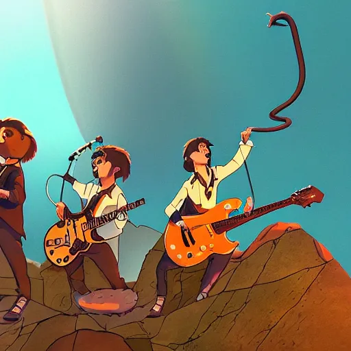 Image similar to rats playing in a rock band inspired by the beatles, beautiful, dreamlike, wholesome, ghibli and disney animation, sharp, intricated, art by ken anderson and mel shaw, bloom, dramatic lighting, brown palette,