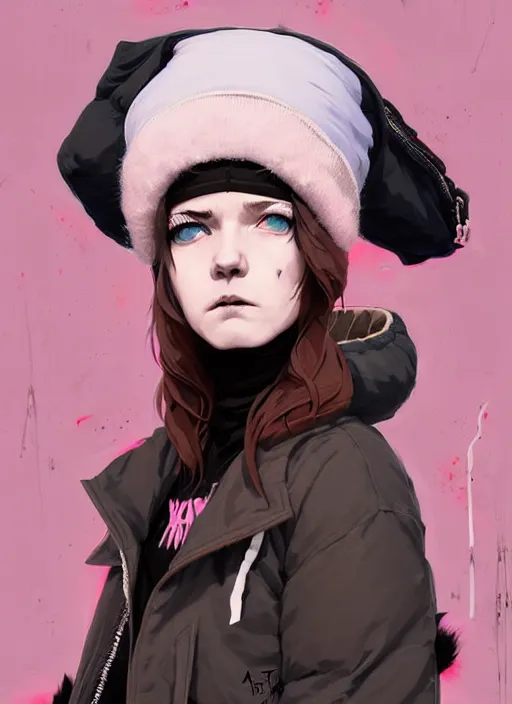 Image similar to highly detailed portrait of a street punk lady student, blue eyes, parka jacket, beanie hat, white hair by atey ghailan, by greg rutkowski, by greg tocchini, by james gilleard, by joe fenton, by kaethe butcher, gradient pink, black, brown and light blue color scheme, grunge aesthetic!!! ( ( graffiti tag wall background ) )