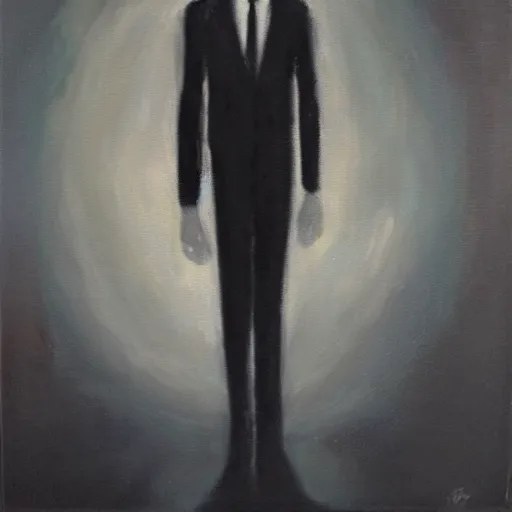 Image similar to slenderman in backroom, oil paining, dark