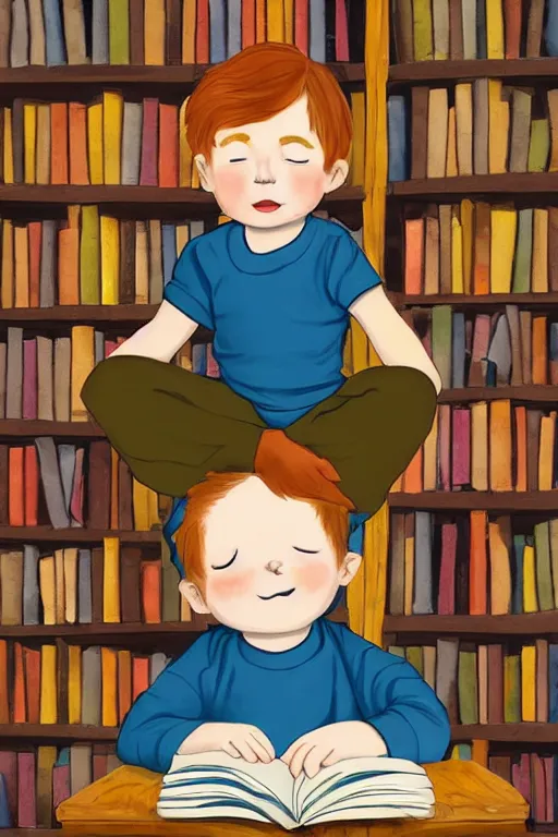 Image similar to a little boy with ginger hair sits cross legged on top of a tall pile of books. he is reading. clean elegant pretty cartoon painting, beautiful detailed face, storybook illustration.