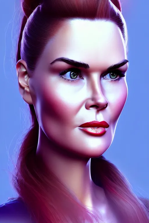 Image similar to mix of beautiful young maria shriver, mariel hemmingway, brooke shields, nicole kidman and elle macpherson as an alien creature, thin lips, hair tied up in a pony tail, dark blonde hair, colorful, artstation, cgsociety