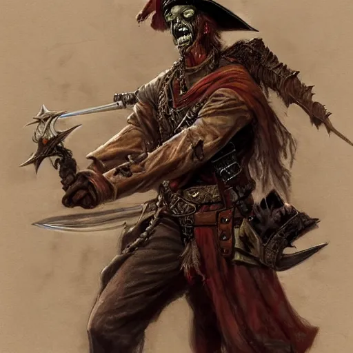 Prompt: Zombie pirate Captain wielding a sandstone rapier and sandstone dagger. Wearing a hat with an impressive feather and with a brutal scar across his neck, fantasy D&D character, portrait art by Donato Giancola and Bayard Wu, digital art, trending on artstation, 4k