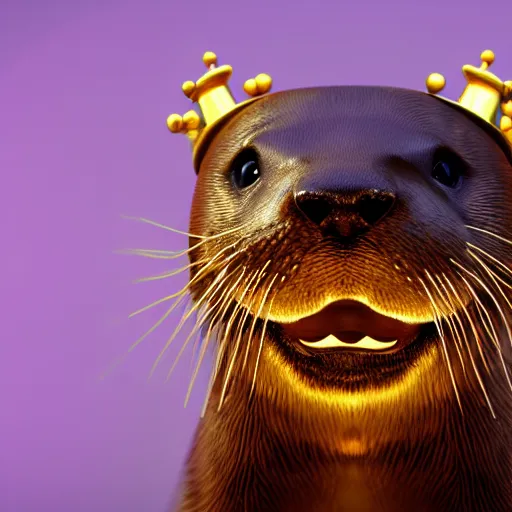 Image similar to river otter wearing crown surrounded by gold, expression, photo realistic, dramatic cinematic lighting, octane render, 4k, ultra detailed