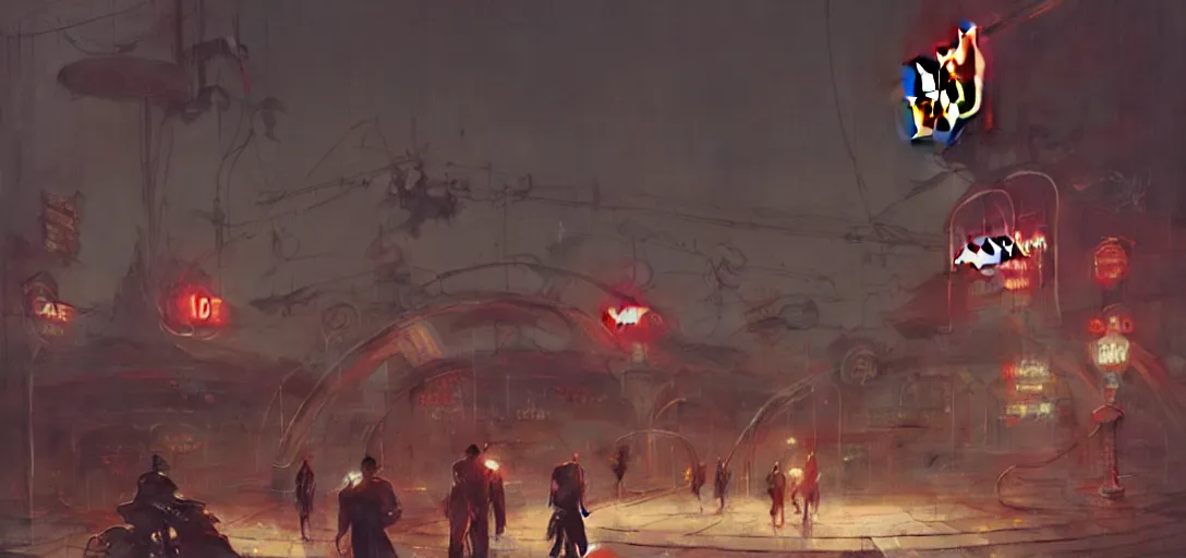 Image similar to close - up of old cyborgs exploring small town cyperpunk amusement, mcdonalds sign, big top circus tent, highly detailed, nightmare, japan, digital painting, concept art, matte, art by ruan jia and wlop and greg rutkowski and makoto shinkai, masterpiece