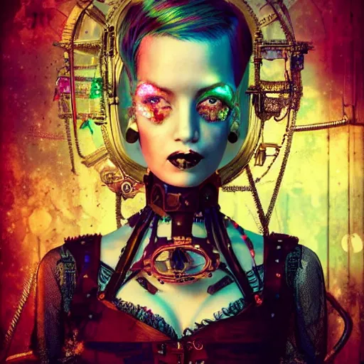 Prompt: photorealistic render of a curiosities carnival, single dollpunk model posing in a full steampunk corset, cyberpunk dyed haircut, looking at camera, symmetry accurate features, focus, rainbow lighting, very intricate details, award winning masterpiece, by tom bagshaw