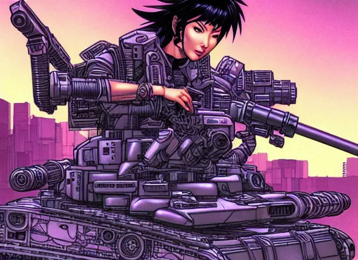 Image similar to motoko kusanagi riding a tank cannon in grungy cyberpunk megacity, intricate and finely detailed, cyberpunk vaporwave, portrait by j scott campbell, phil jimenez, ilya kuvshinov