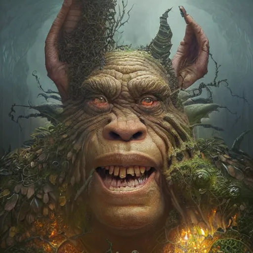 Image similar to a hyperrealistic illustration of a mix of an oger and giant and goblin, 8 k ultra realistic creature, detailed intricate, with fractal sunlight, award - winning, masterpiece, in the style of tom bagshaw, cedric peyravernay, peter mohrbacher