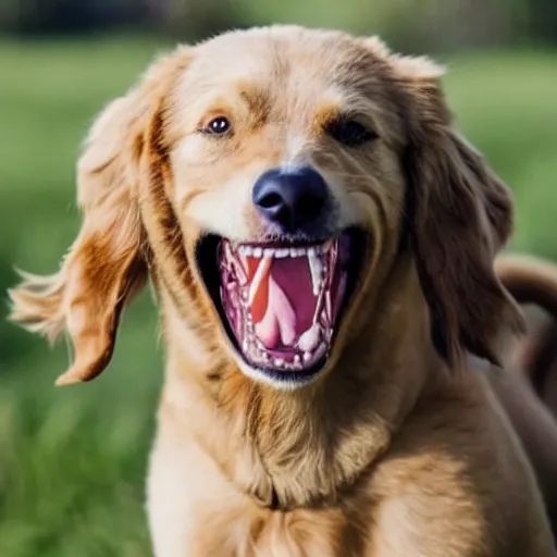 Image similar to a dog that is smiling with human teeth