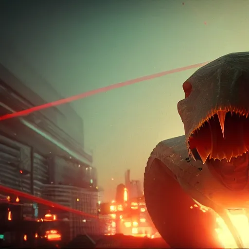 Prompt: a closeup portrait of a pterodactyl shooting lasers from is eyes flying over a destroyed city cyberpunk, fantasy, 4 k, octane render