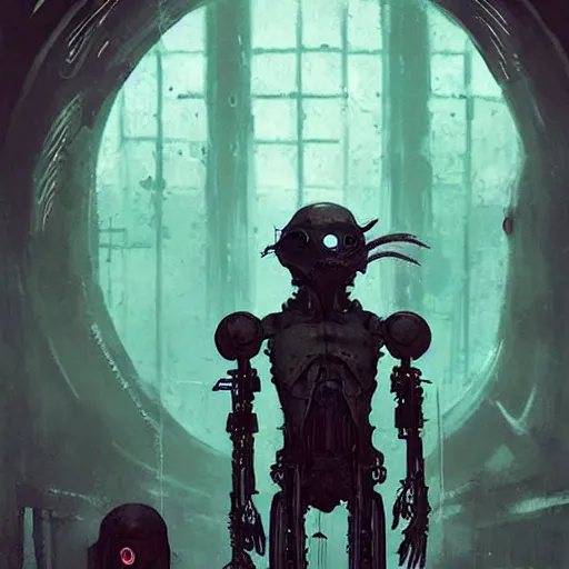 Prompt: minimalist cyborg goblin inside byzantine kowloon hoarder labaratory, portrait by by greg rutkowski and h. r. giger and stalenhag and deak ferrand, studio ghibli composition