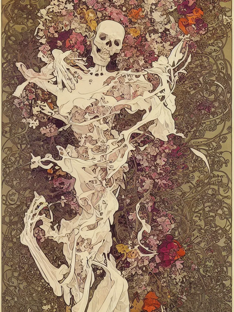 Image similar to a skeleton covered in flowers in a dynamic pose, alphonse mucha, james jean, peter mohrbacher, highly detailed, soft lighting,