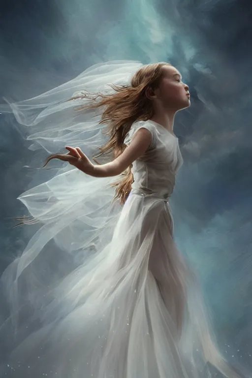 Image similar to little girl dancing in the wind, beautiful face, ethereal, bride, beautiful wedding dress, gorgeous, volumetric lighting, elegant, fluid, very very highly detailed, digital painting, concept art, illustration, limited color palette, atmosphere and tension, art by greg olsen and liz lemon swindle