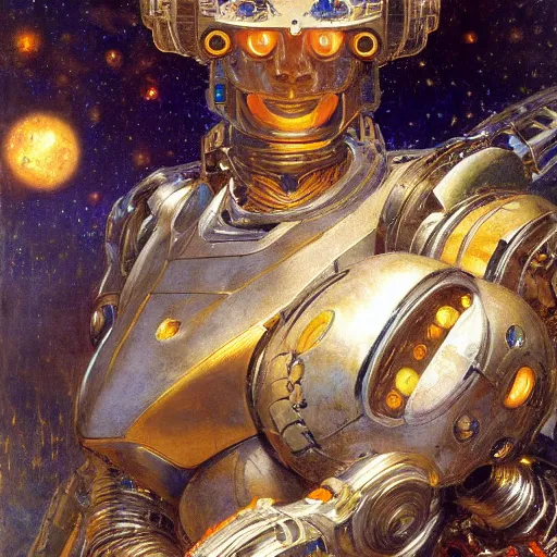 Image similar to highly detailed portrait of an humanoid robotic galaxy mecha, painting by gaston bussiere, craig mullins, j. c. leyendecker, lights, art by ernst haeckel, john william godward, hammershøi,