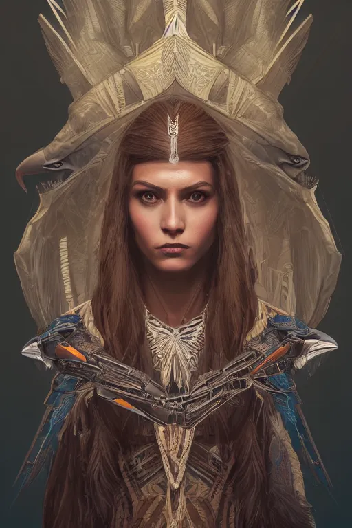 Image similar to symmetry!! portrait of woman with hawk features in the style of horizon zero dawn, machine face, intricate, elegant, highly detailed, digital painting, artstation, concept art, smooth, sharp focus, illustration, art by artgerm and greg rutkowski and alphonse mucha, 8 k