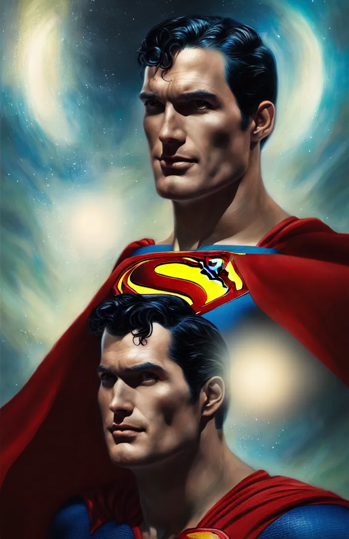 Image similar to a portrait of superman thinking of planet krypton by karol bak, james jean, tom bagshaw, rococo, sharp focus, trending on artstation, cinematic lighting, hyper realism, octane render, 8 k, hyper detailed, vivid, ultra detailed, highly detailed