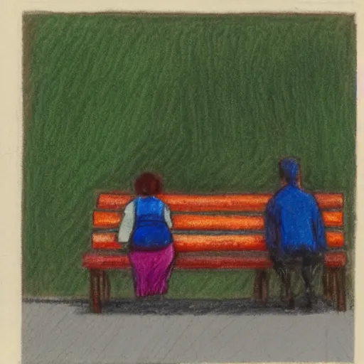 Prompt: a couple sitting on a park bench, crayon
