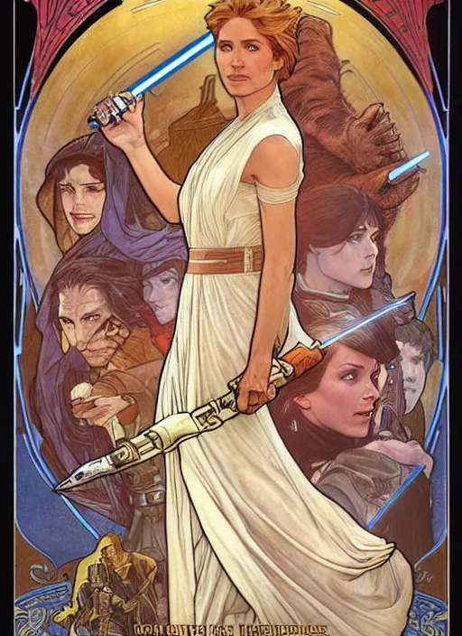 Image similar to movie poster by iain mccaig and magali villeneuve and drew struzan and alphonse mucha, a very beautiful!!!! woman jedi master, highly detailed. star wars original trilogy, she is about 2 0 years old, wearing jedi robes.