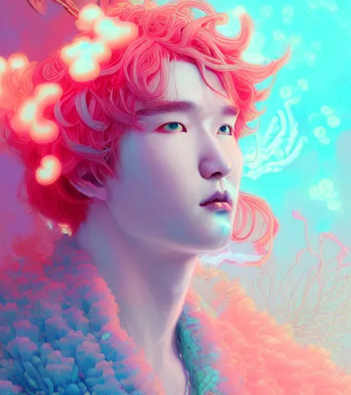 Prompt: harmony of neon glowing coral, ( cyan hair merman yoongi portrait ) by wlop, james jean, victo ngai, muted colors, highly detailed, fantasy art by craig mullins, thomas kinkade,