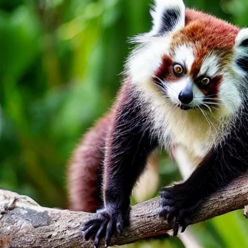 Image similar to a full grown hybrid red panda - lemur - cat - raccoon, cute hybrid, wlop