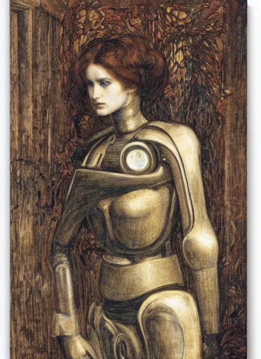 Image similar to a portrait of a robot cyborg by Dante Gabriel Rossetti, pre-raphaelite style