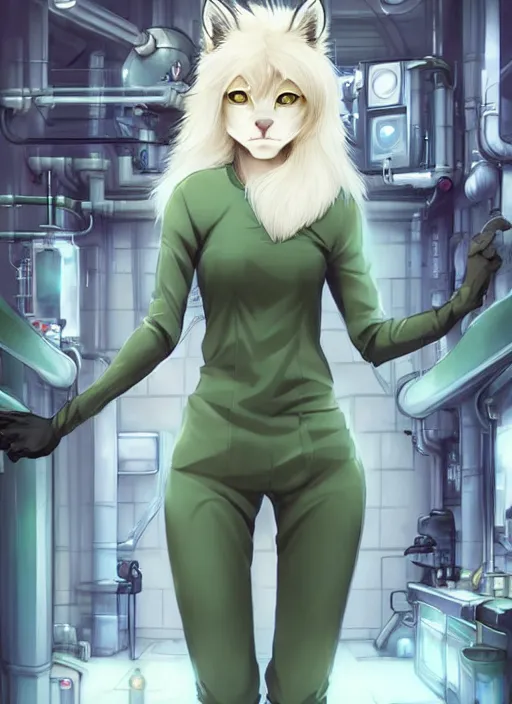 Prompt: beautiful portrait commission of a cute female furry anthro Canadian Lynx fursona casual clothes in a futuristic mechanical laboratory. blonde hair. Green Eyes. character design by charlie bowater, ross tran, artgerm, and makoto shinkai, detailed, inked, western comic book art