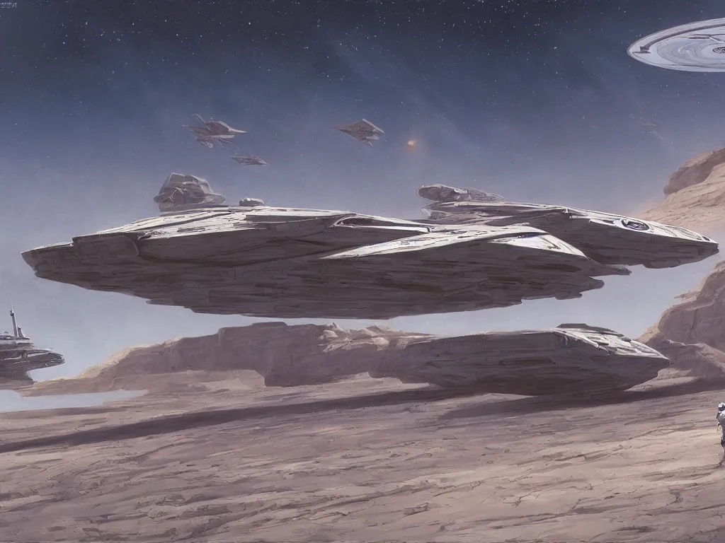 Image similar to conceptual painting of a space cruiser landing on a desolate planet, Star Wars, science fiction, highly detailed, digital painting, artstation, smooth, sharp focus, loose sketch, illustration, art by Ralph McQuarrie and Joe Johnston and Doug Chiang,