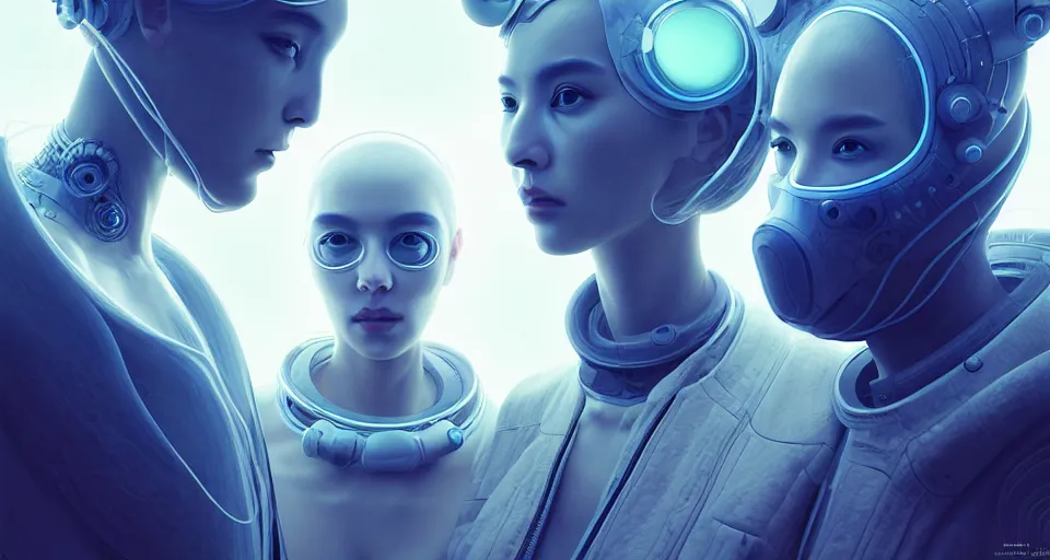 Image similar to portrait of yael shelbia and kang seul - gi, venus squid astronaut, symetrical facial, white hair, intricate design details. cyberpunk, touareg, by ruan jia and weldon casey. smooth gradients, deep space.