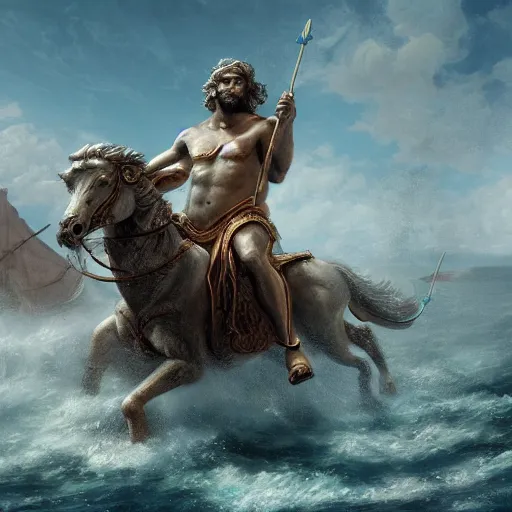 Image similar to Poseidon riding a chariot pulled by hippocampi while holding his trident, 4K detail, artstation