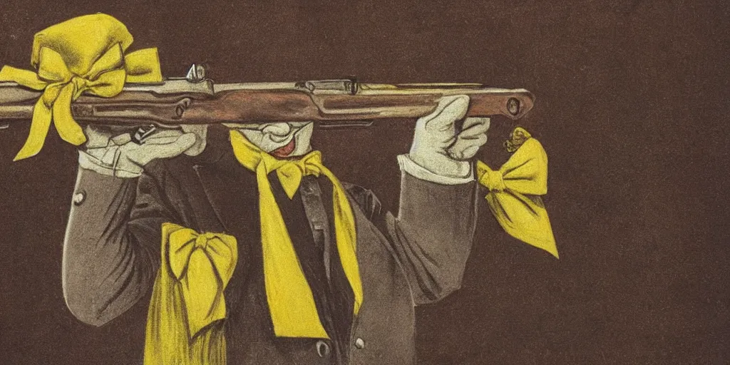 Image similar to a seal with a yellow bow tie holding a rifle and a severed hand