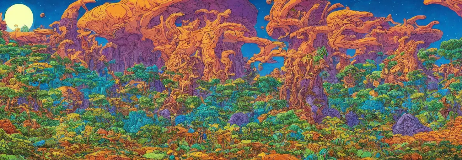 Prompt: beautiful landscape mural of an alien planet, lush landscape, vivid colors, intricate, highly detailed, masterful, fantasy world, in the style of moebius, akira toriyama, jean giraud