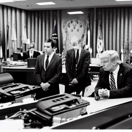 Prompt: candid color photo of Donald Trump nervously sitting at an enormous bank of very complicated, 1970's looking computers trying to blend in to avoid the fbi officers searching for him