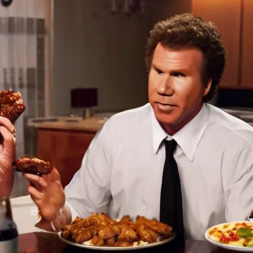 Prompt: scene from a movie that looks like a drama but it's a laugh hard comedy, will ferrell becoming addicted to spicy chicken wings, shot by darren aronofsky, 4 k