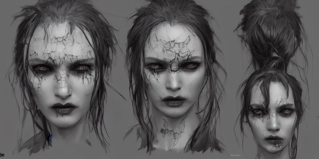 Prompt: gothic female character face detail designs, Kim Jung Gi, Greg Rutkowski, character sheet, Darek Zabrocki, Karlkka, Jayison Devadas, Phuoc Quan, trending on Artstation, 8K, ultra wide angle, pincushion lens effect