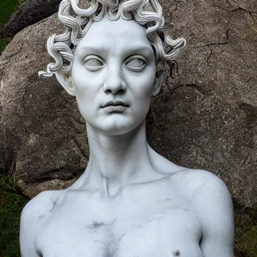 Image similar to medusa sculpture hyperrealistic style made by michelangelo, made with carrara marble