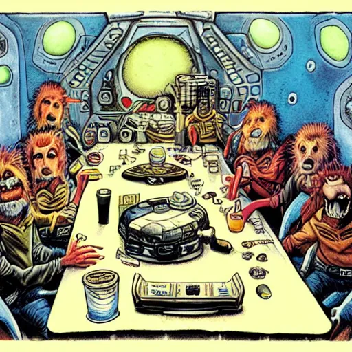 Image similar to scruffy punk starship crew sitting at table and getting drunk and singing folk music, extraterrestrials, alien 1 9 7 9, ron cobb, jim henson creature shop, mike mignogna, highly detailed, comic book, science fiction, used future