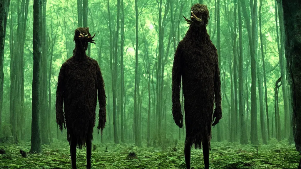 Prompt: the tall strange creature waits in the forest, film still from the movie directed by Denis Villeneuve with art direction by Salvador Dalí, wide lens